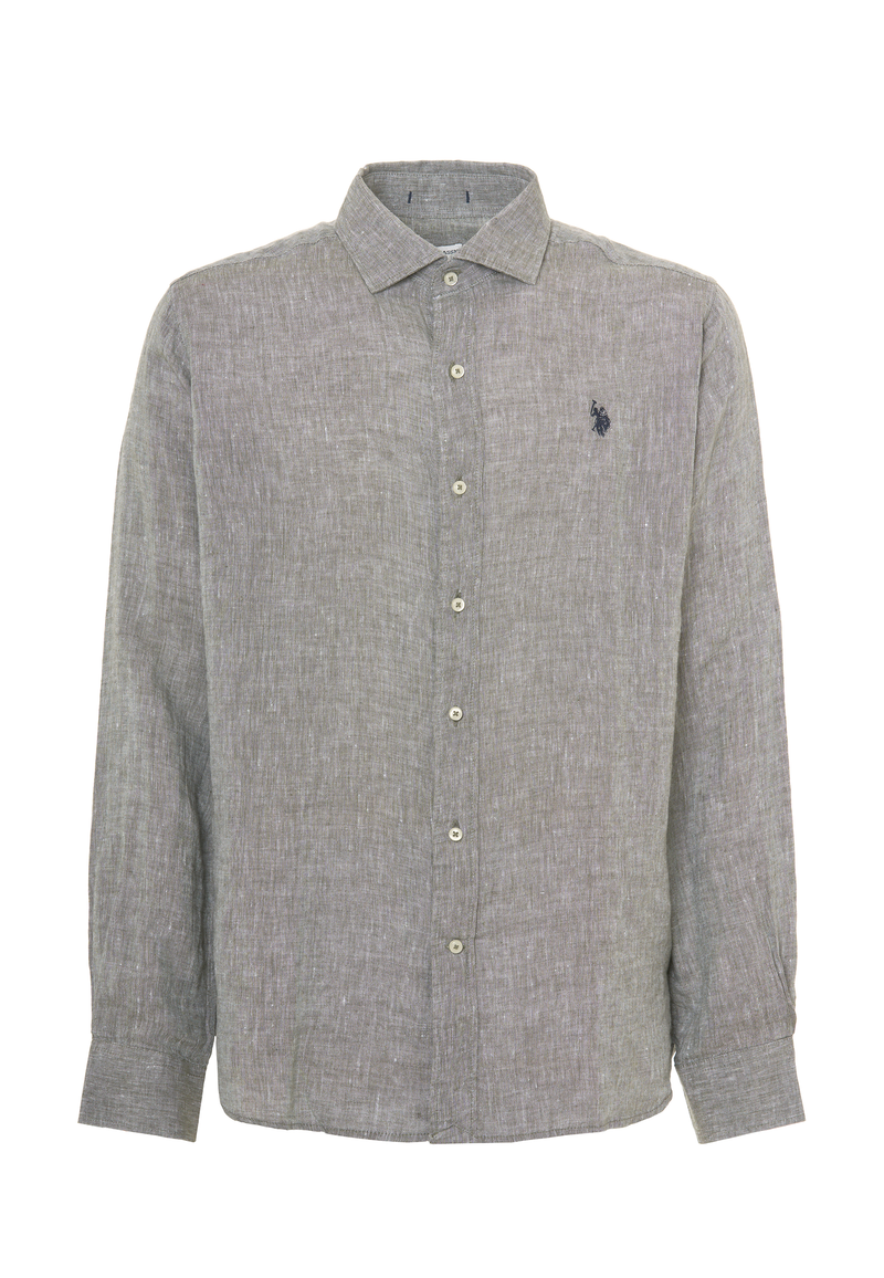 Camicia in lino chambray slim fit con logo