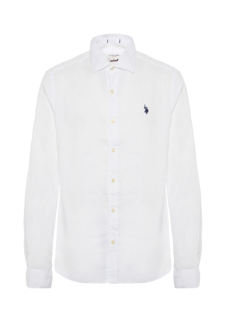 Camicia in lino chambray slim fit con logo