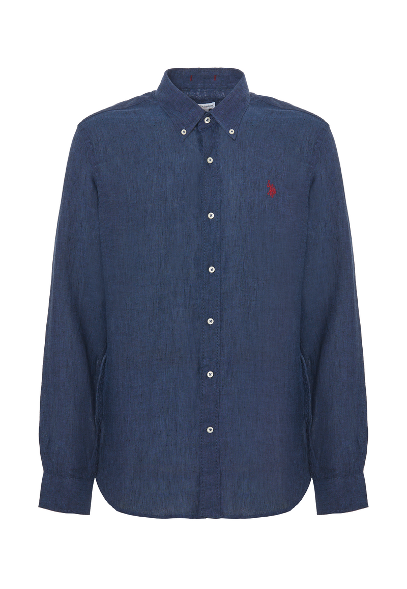Camicia in lino chambray slim fit con logo