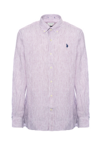 Camicia in lino chambray a righe slim fit con logo