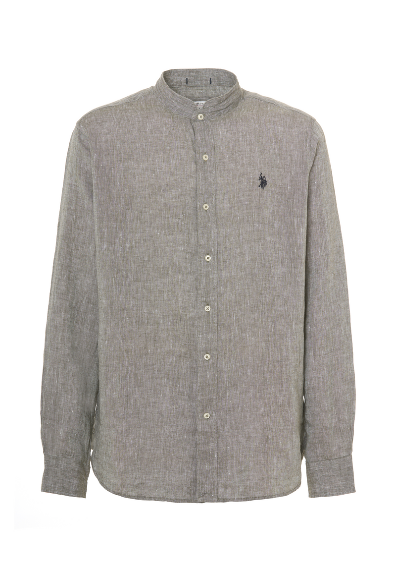 Camicia in lino chambray colletto mandarin slim fit con logo