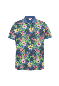 Polo a maniche corte in cotone piquet con fantasia tropicale e logo