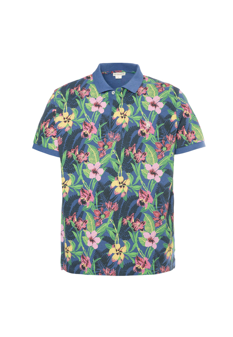 Polo a maniche corte in cotone piquet con fantasia tropicale e logo