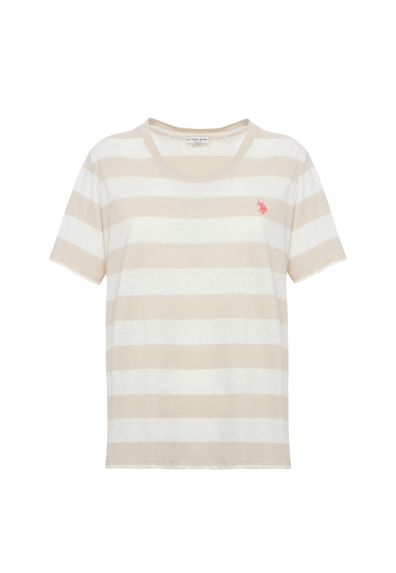 T-shirt girocollo a righe in misto cotone e lino
