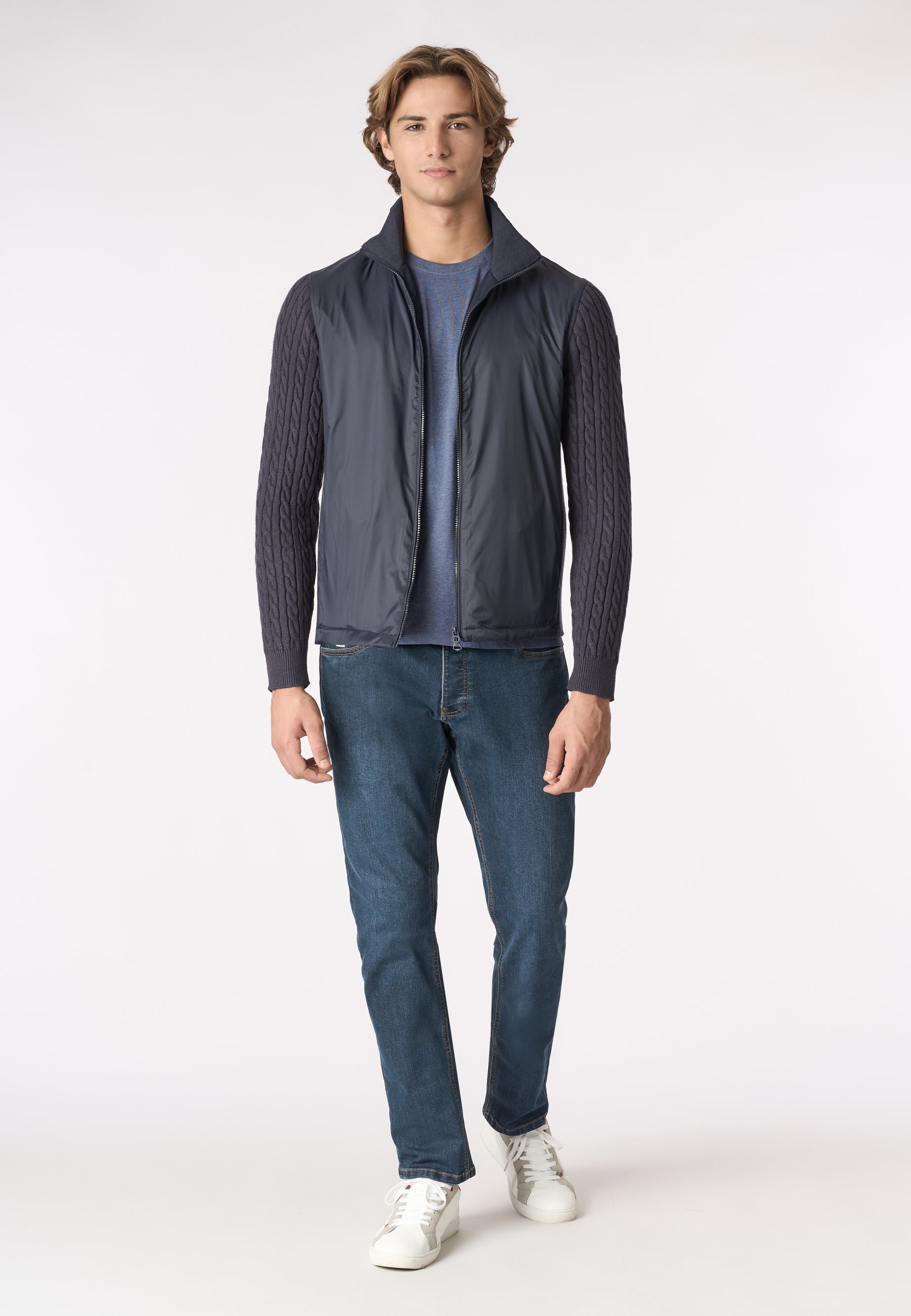 Giacca full zip in nylon con maniche in maglia