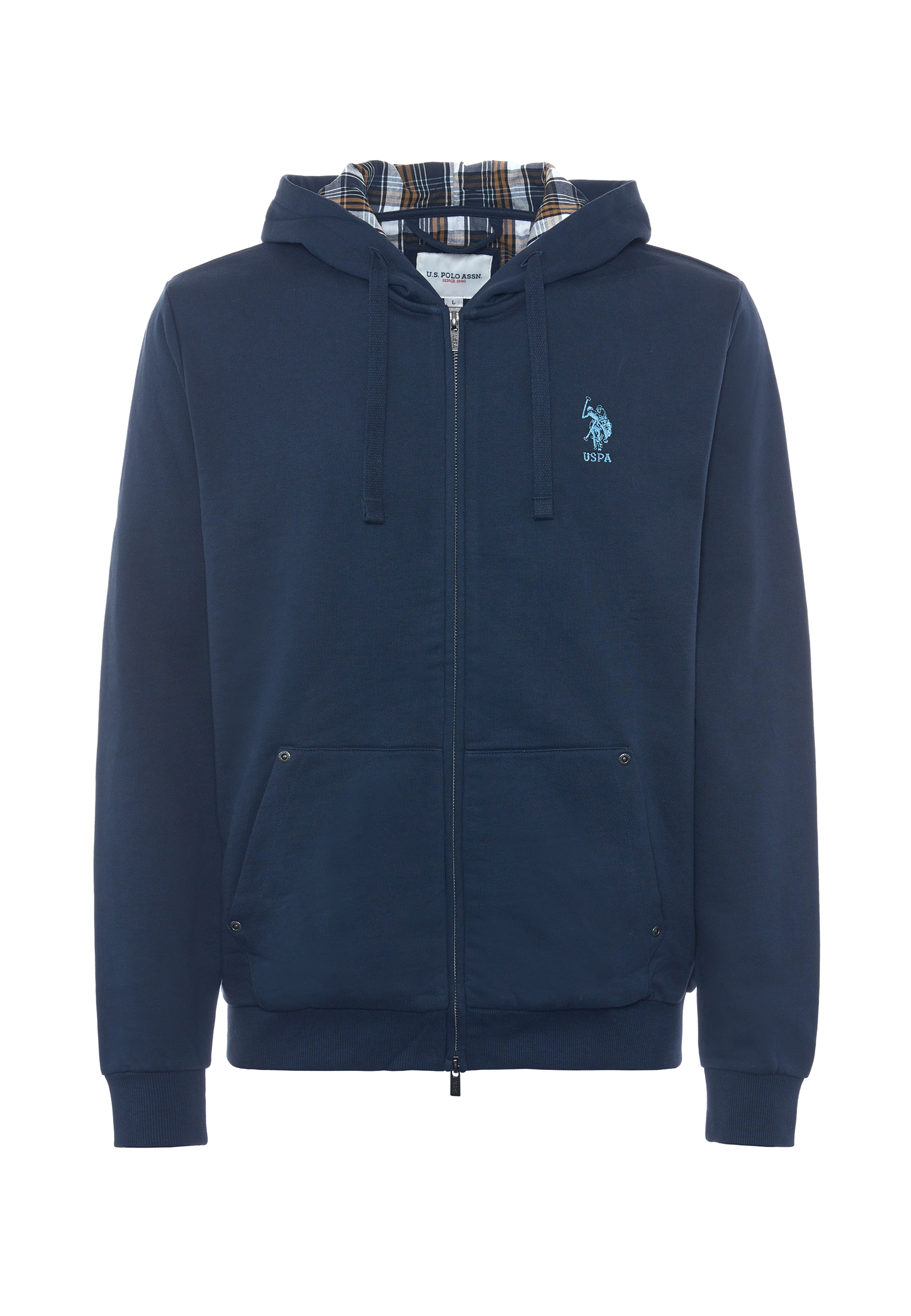 Felpa in cotone con cappuccio tartan e zip