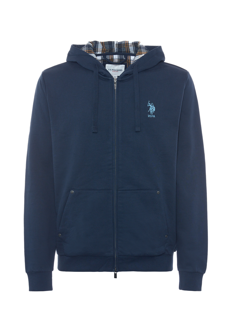 Felpa in cotone con cappuccio tartan e zip