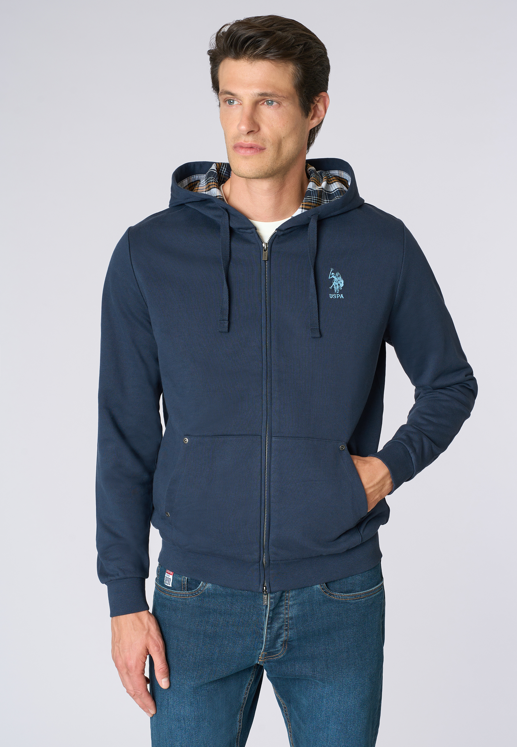 Felpa in cotone con cappuccio tartan e zip