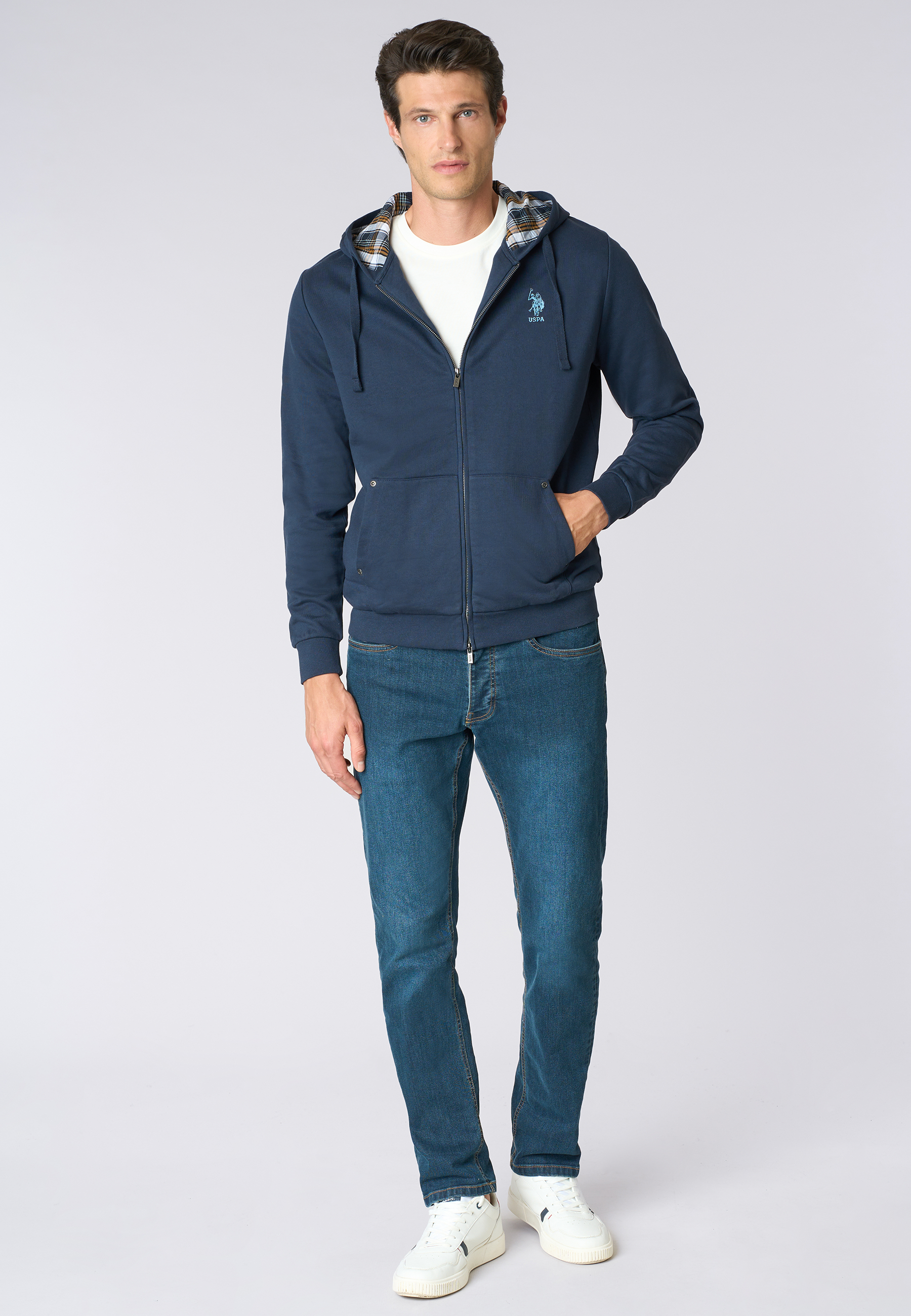 Felpa in cotone con cappuccio tartan e zip