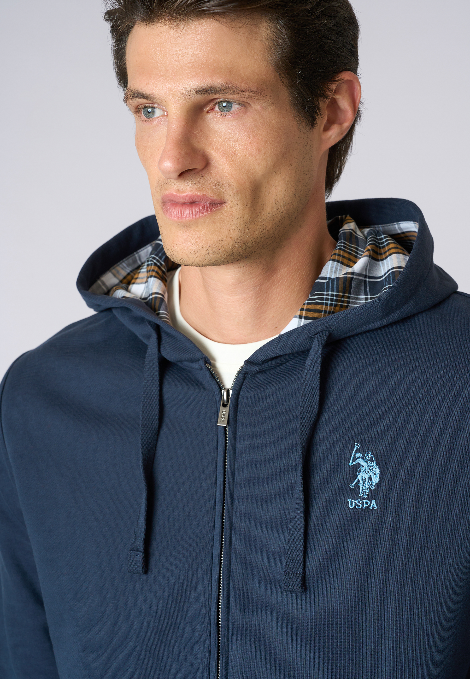 Felpa in cotone con cappuccio tartan e zip