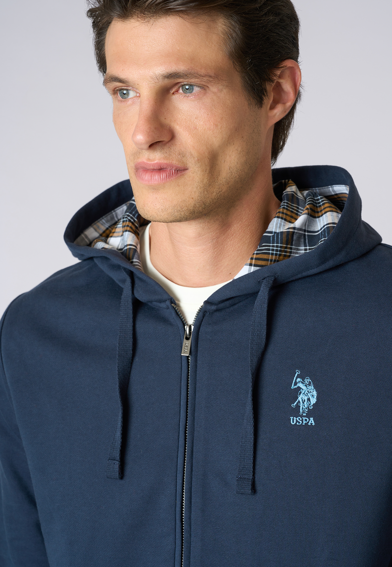 Felpa in cotone con cappuccio tartan e zip