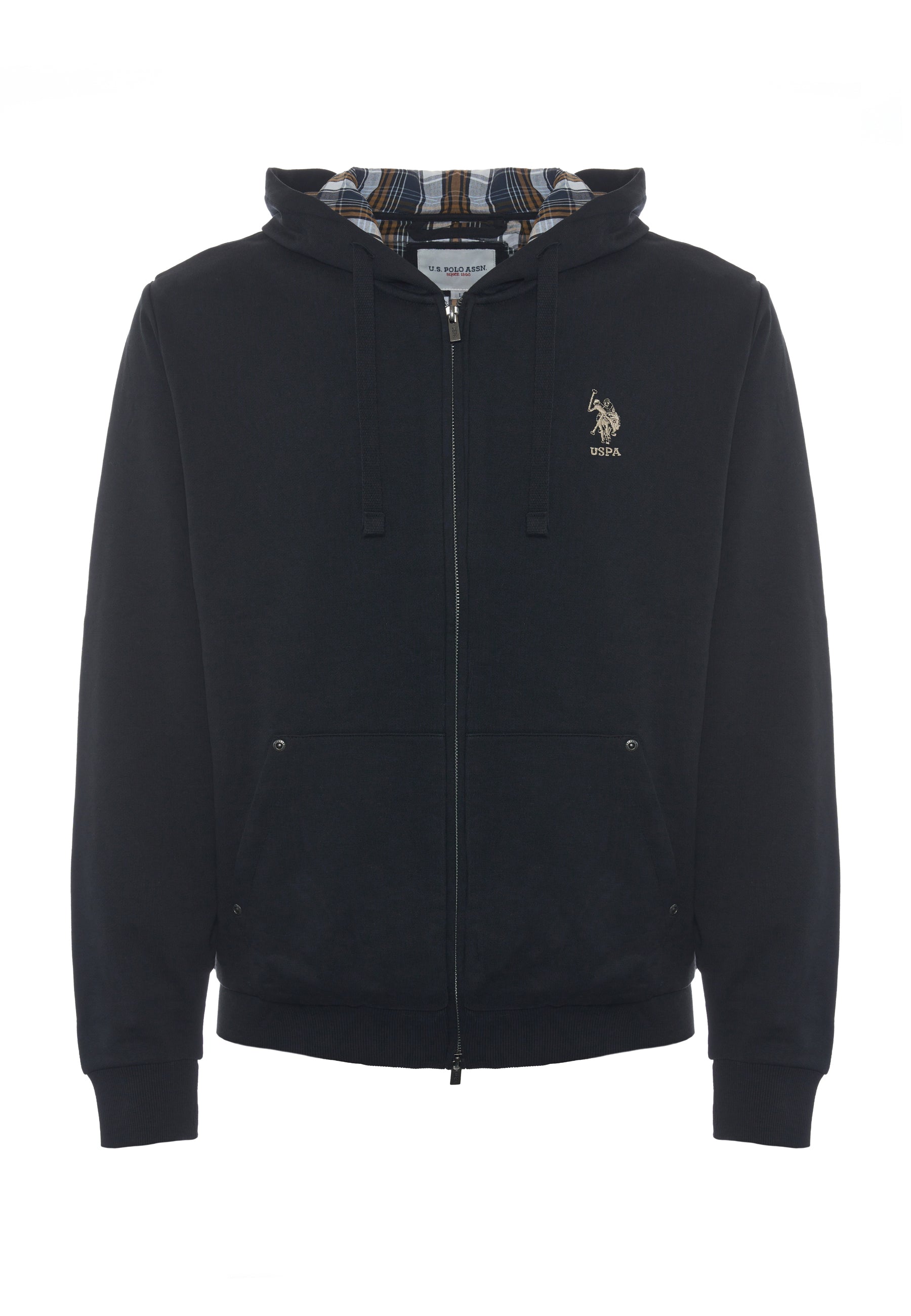 Felpa in cotone con cappuccio tartan e zip