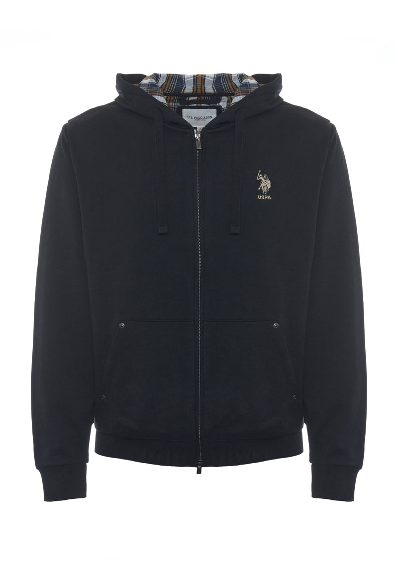 Felpa in cotone con cappuccio tartan e zip