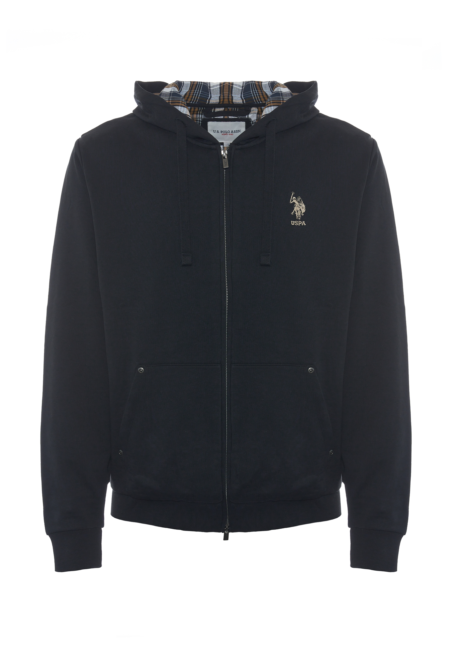 Felpa in cotone con cappuccio tartan e zip