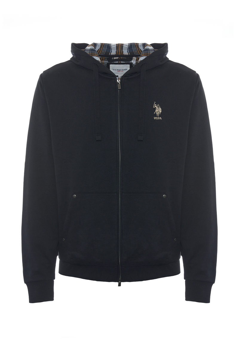 Felpa in cotone con cappuccio tartan e zip