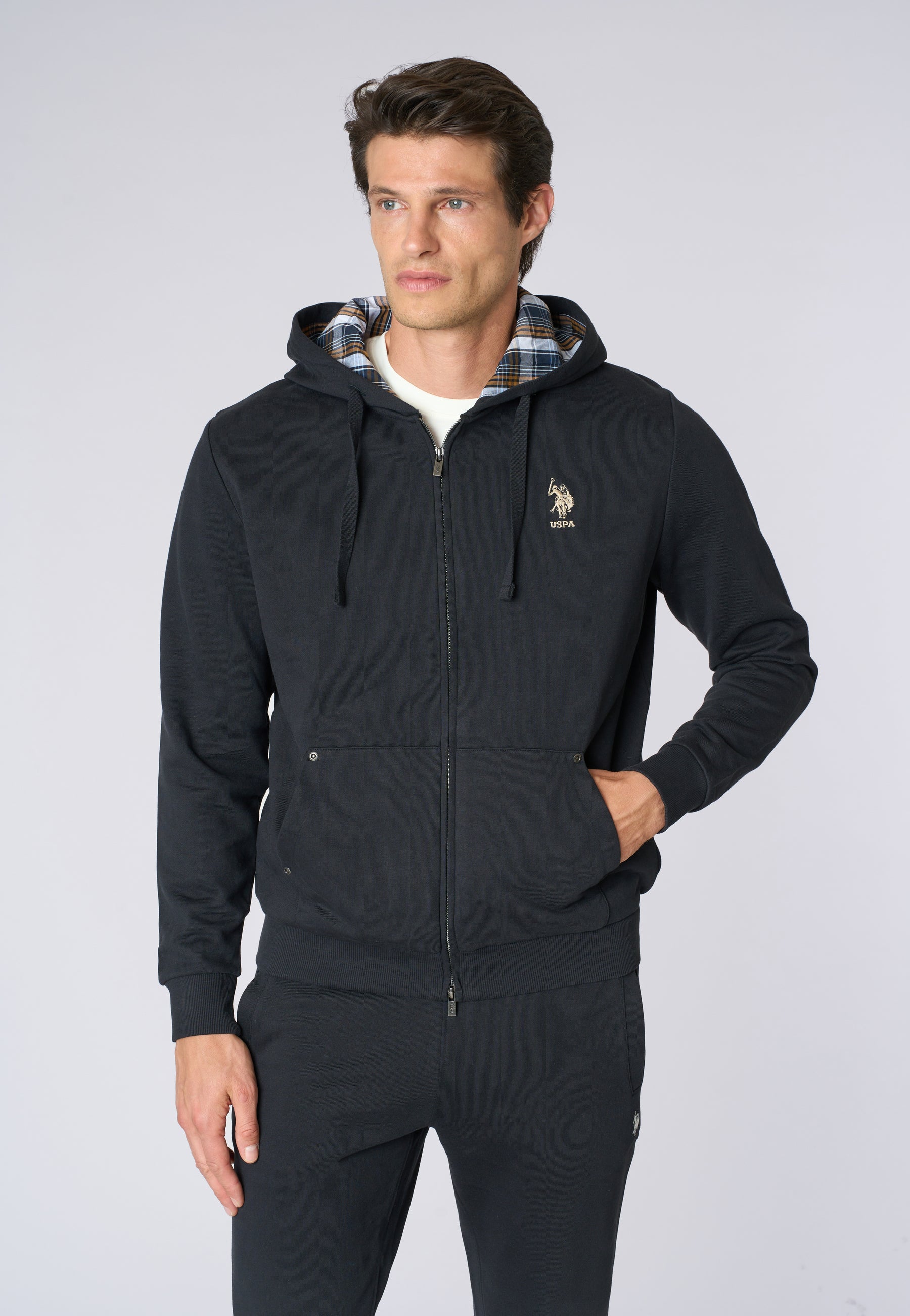 Felpa in cotone con cappuccio tartan e zip