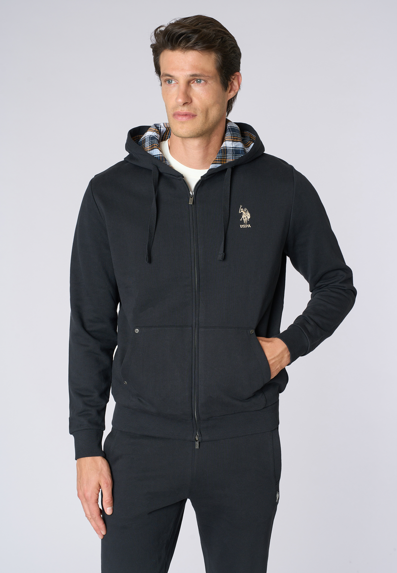 Felpa in cotone con cappuccio tartan e zip