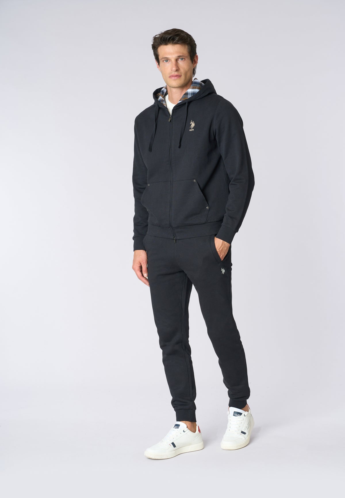 Felpa in cotone con cappuccio tartan e zip