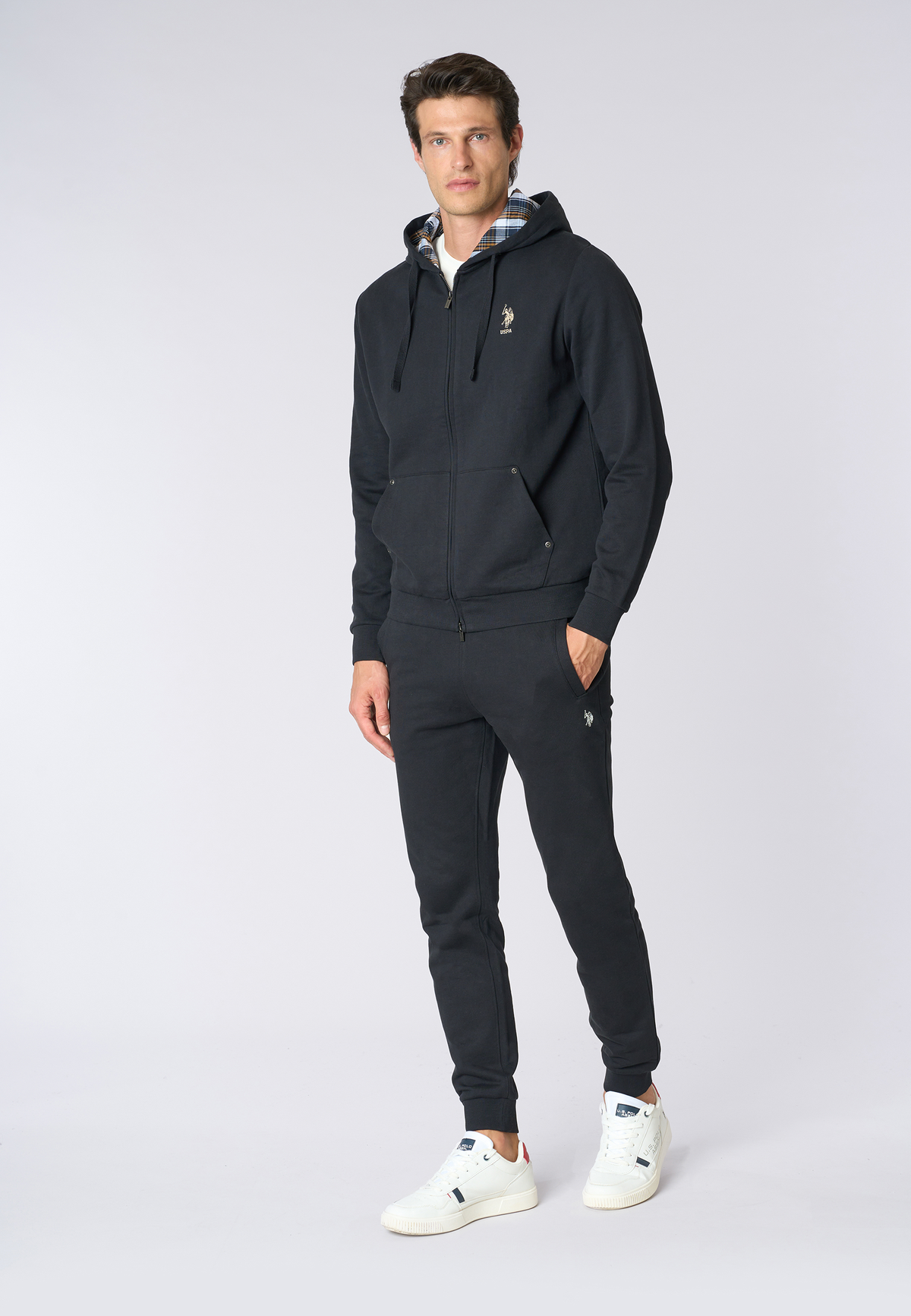Felpa in cotone con cappuccio tartan e zip
