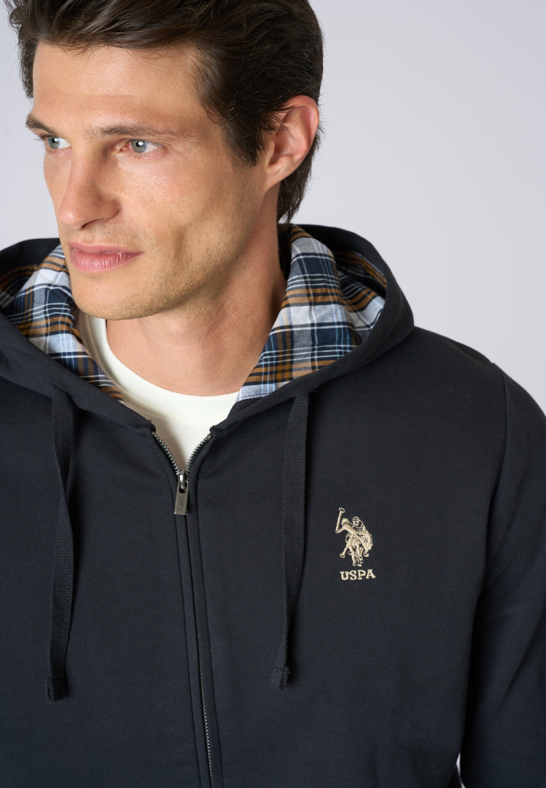 Felpa in cotone con cappuccio tartan e zip