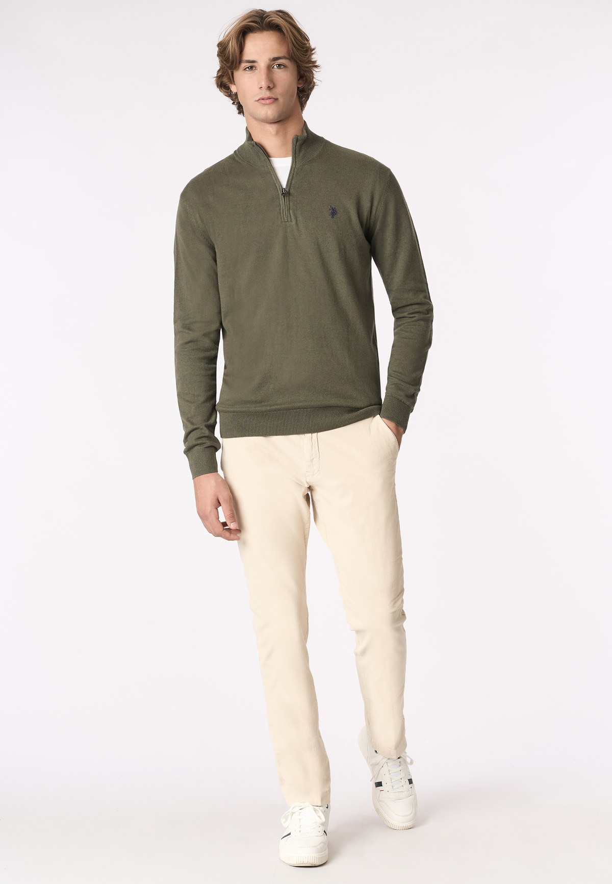 Maglia con zip un quarto cotone e cashmere