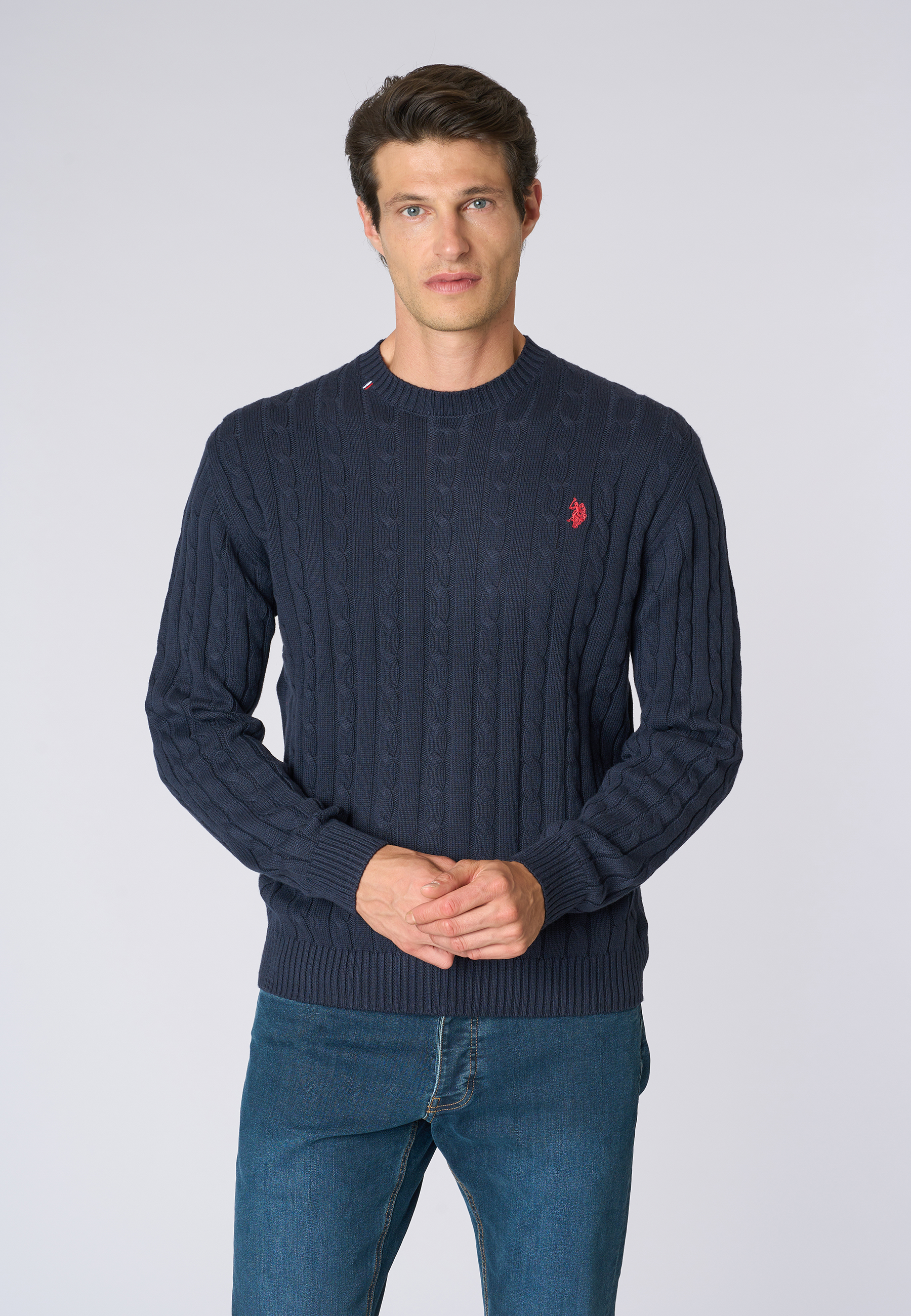 Maglia girocollo a treccia in cotone e cashmere