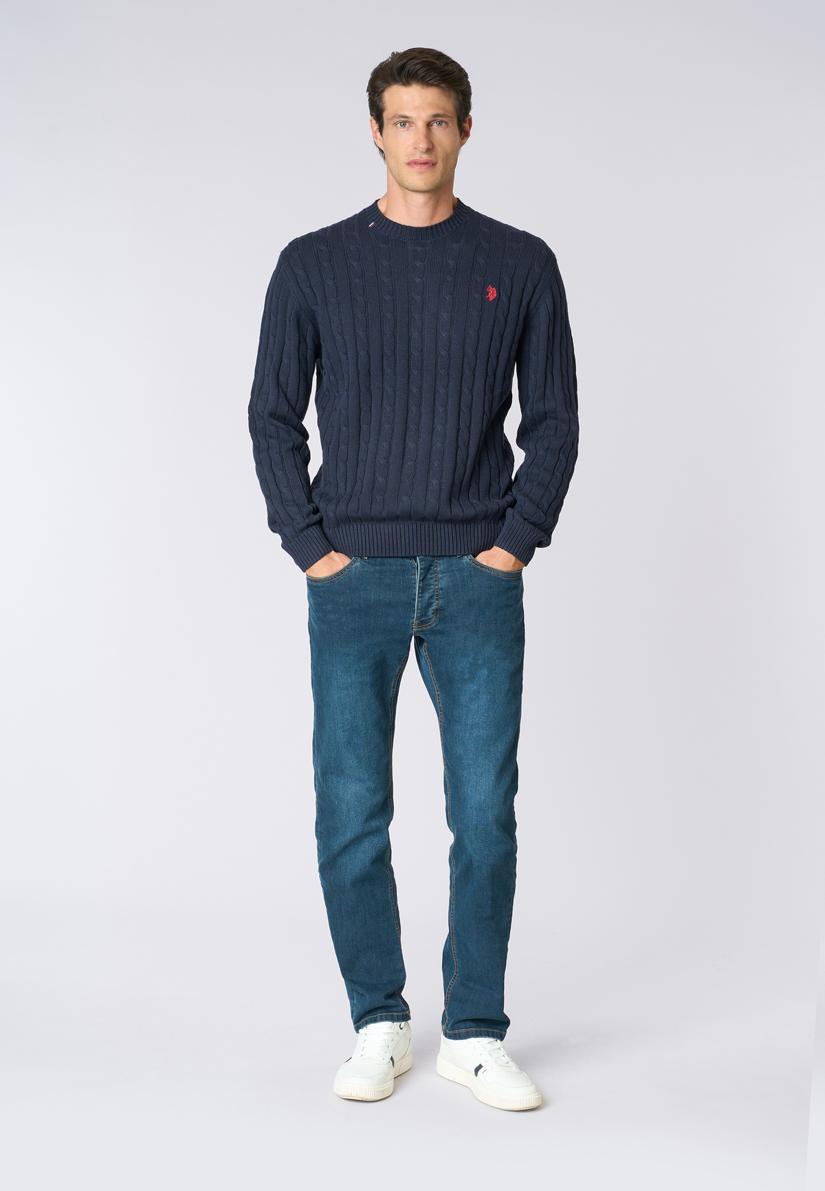 Maglia girocollo a treccia in cotone e cashmere