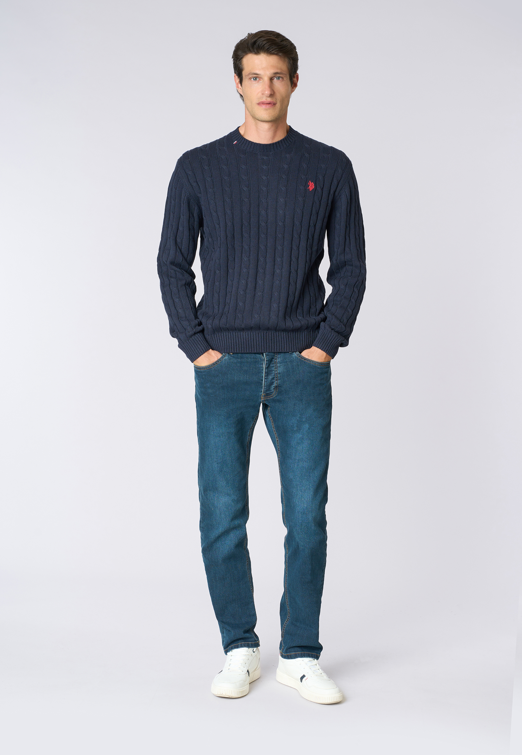 Maglia girocollo a treccia in cotone e cashmere