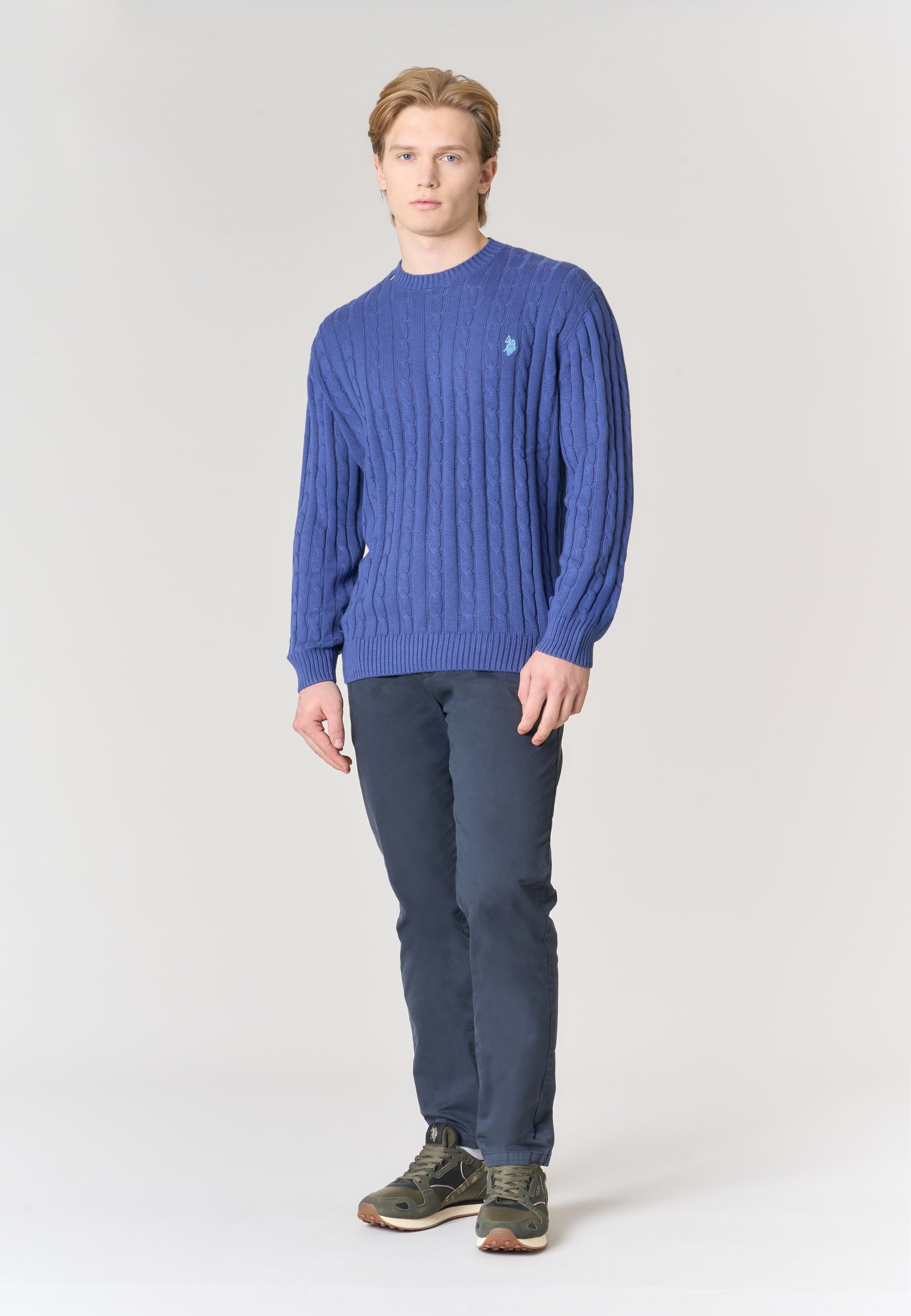 Maglia girocollo a treccia in cotone e cashmere