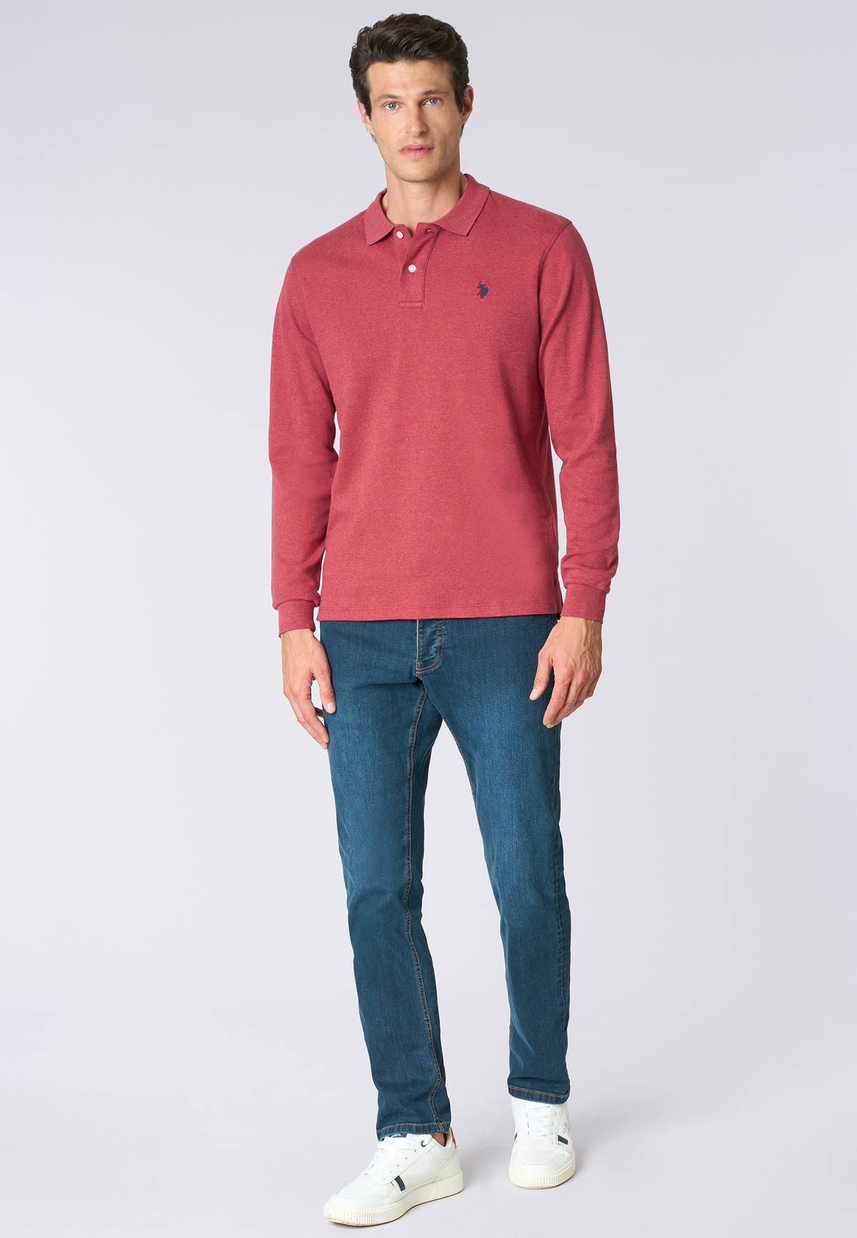 Polo shirt a maniche lunghe in cotone interlock melange