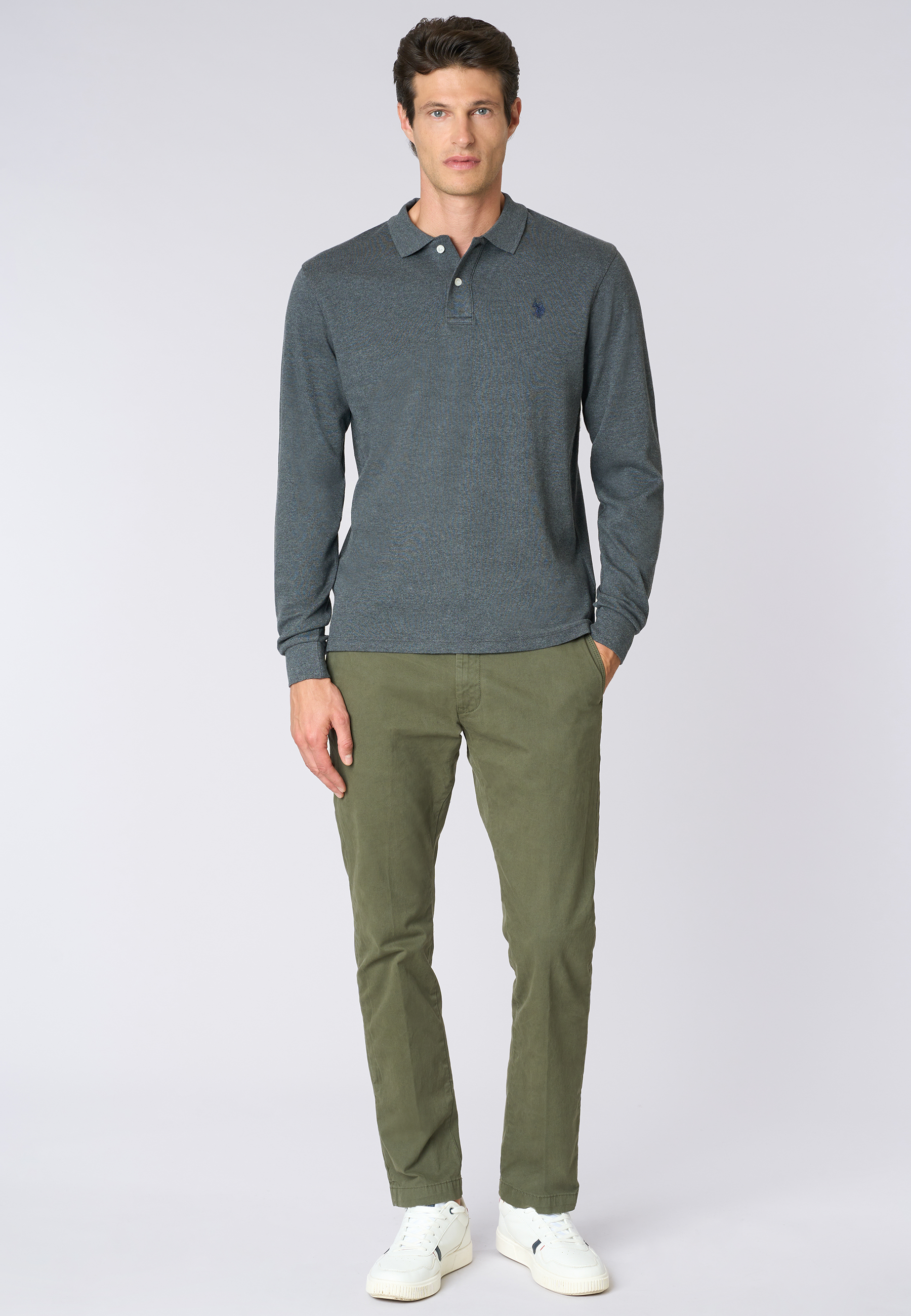 Polo shirt a maniche lunghe in cotone interlock melange