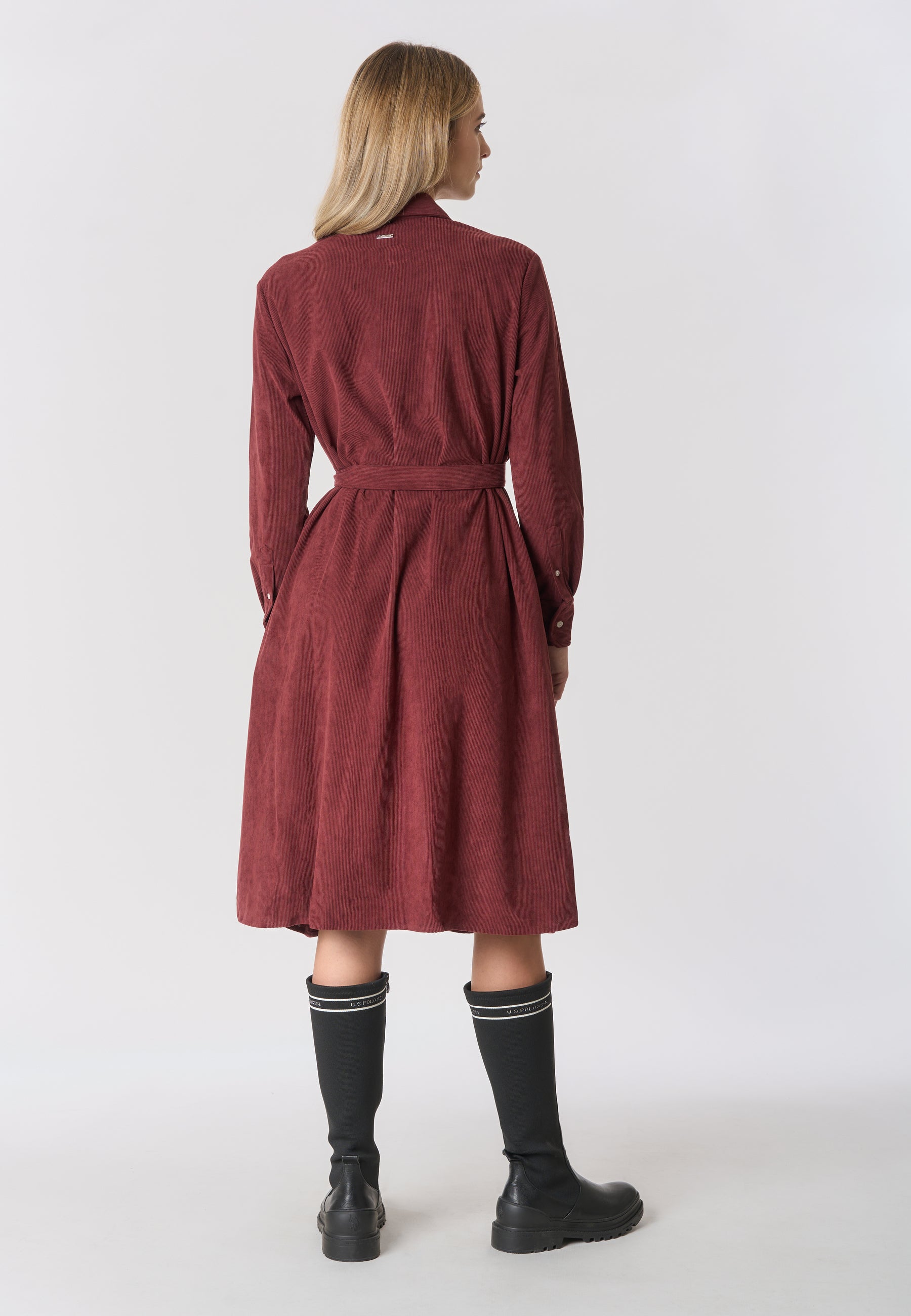 Abito midi chemisier in velluto con cintura