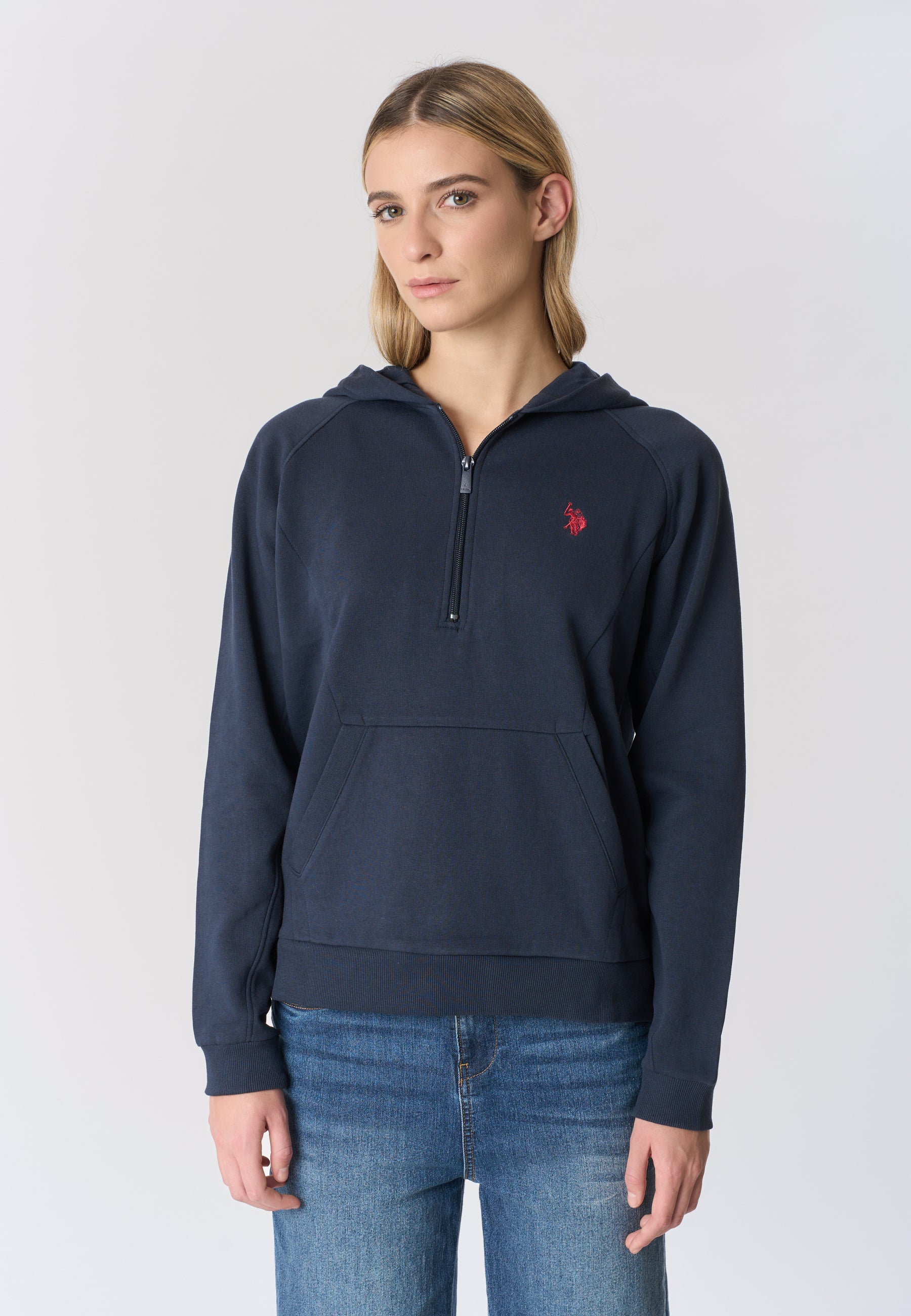 Felpa con cappuccio e zip un quarto