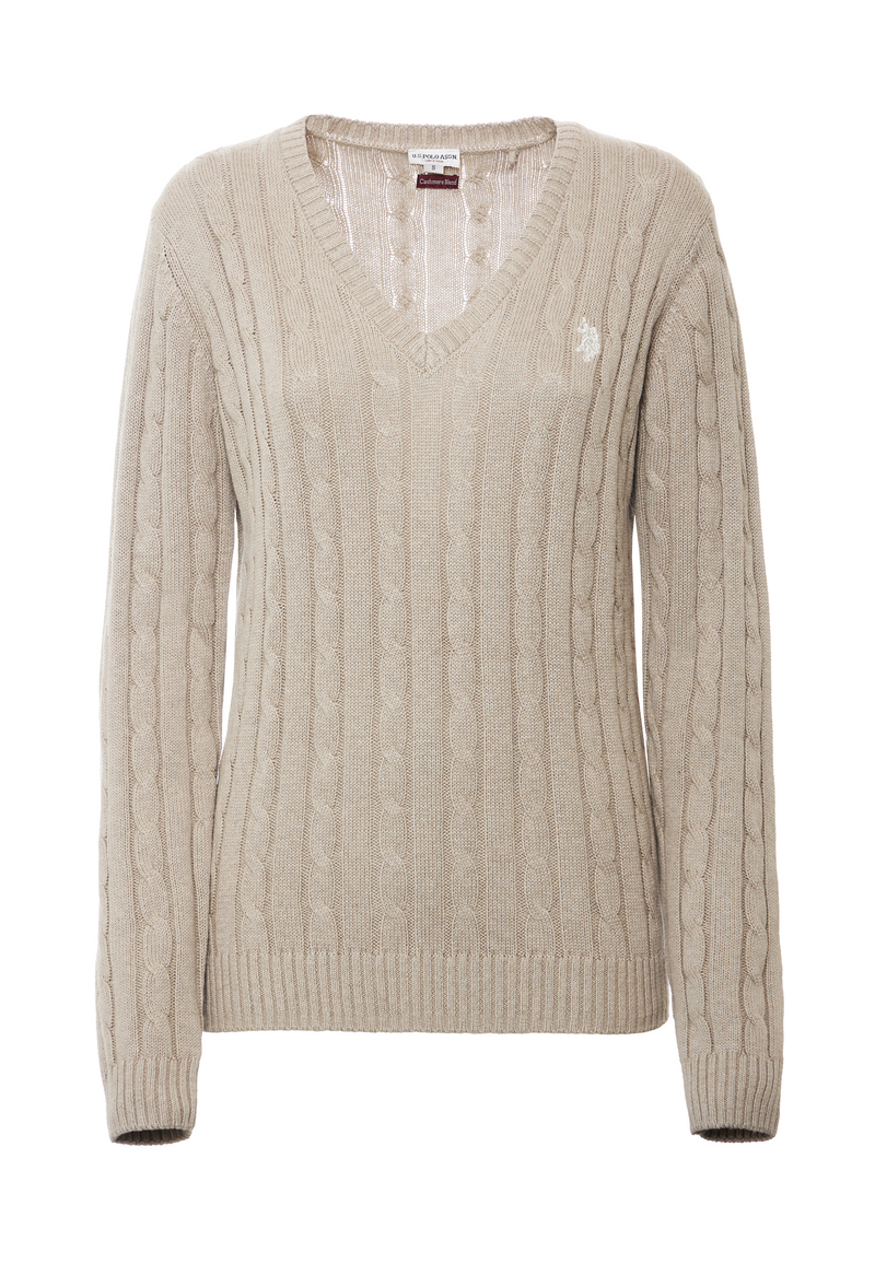 Maglia scollo a V a treccia in cotone e cashmere