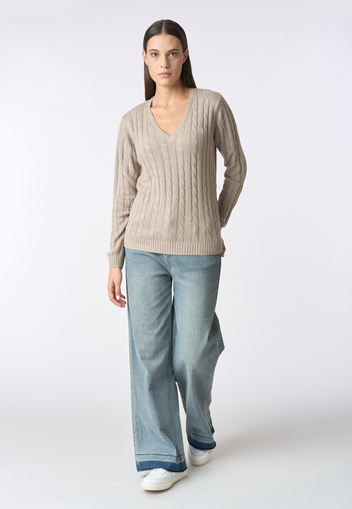 Maglia scollo a V a treccia in cotone e cashmere