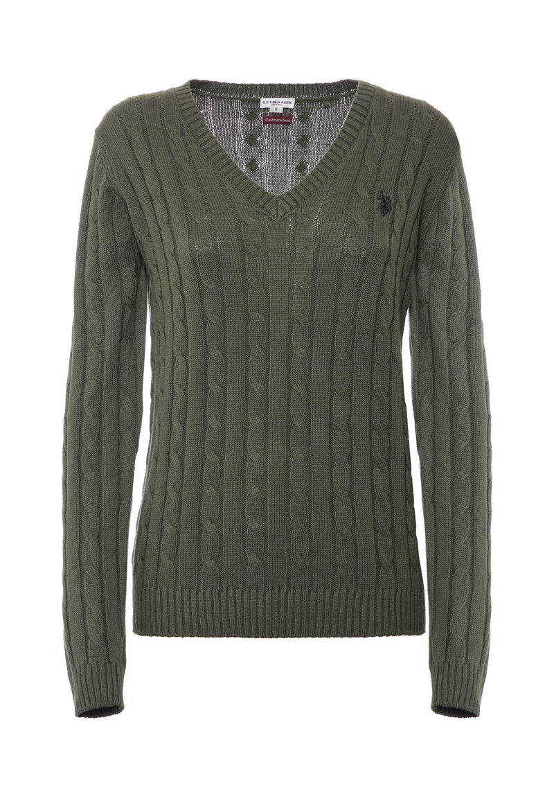 Maglia scollo a V a treccia in cotone e cashmere