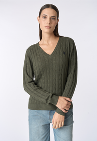 Maglia scollo a V a treccia in cotone e cashmere