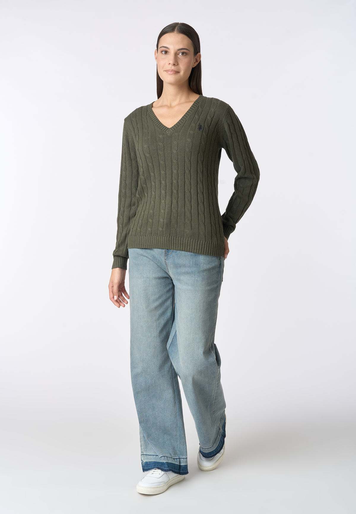 Maglia scollo a V a treccia in cotone e cashmere