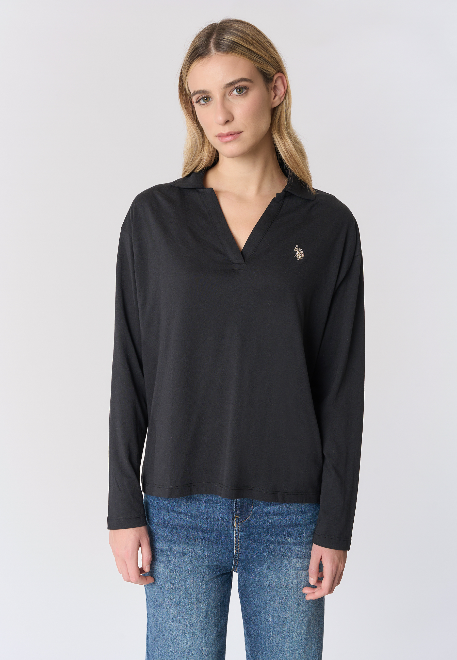 Polo shirt a maniche lunghe con scollo a v in misto cotone e modale