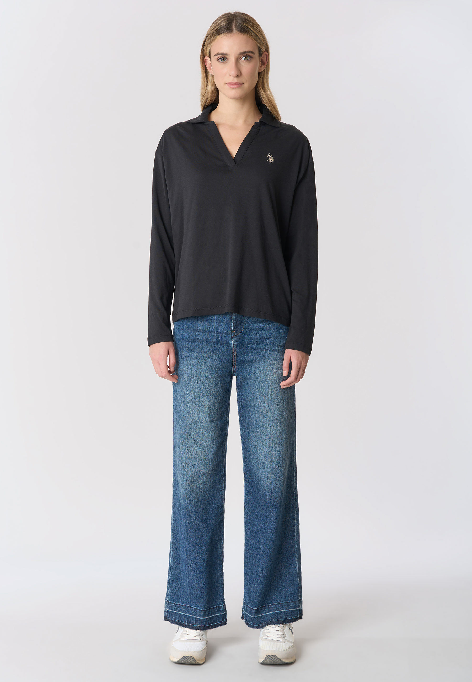 Polo shirt a maniche lunghe con scollo a v in misto cotone e modale