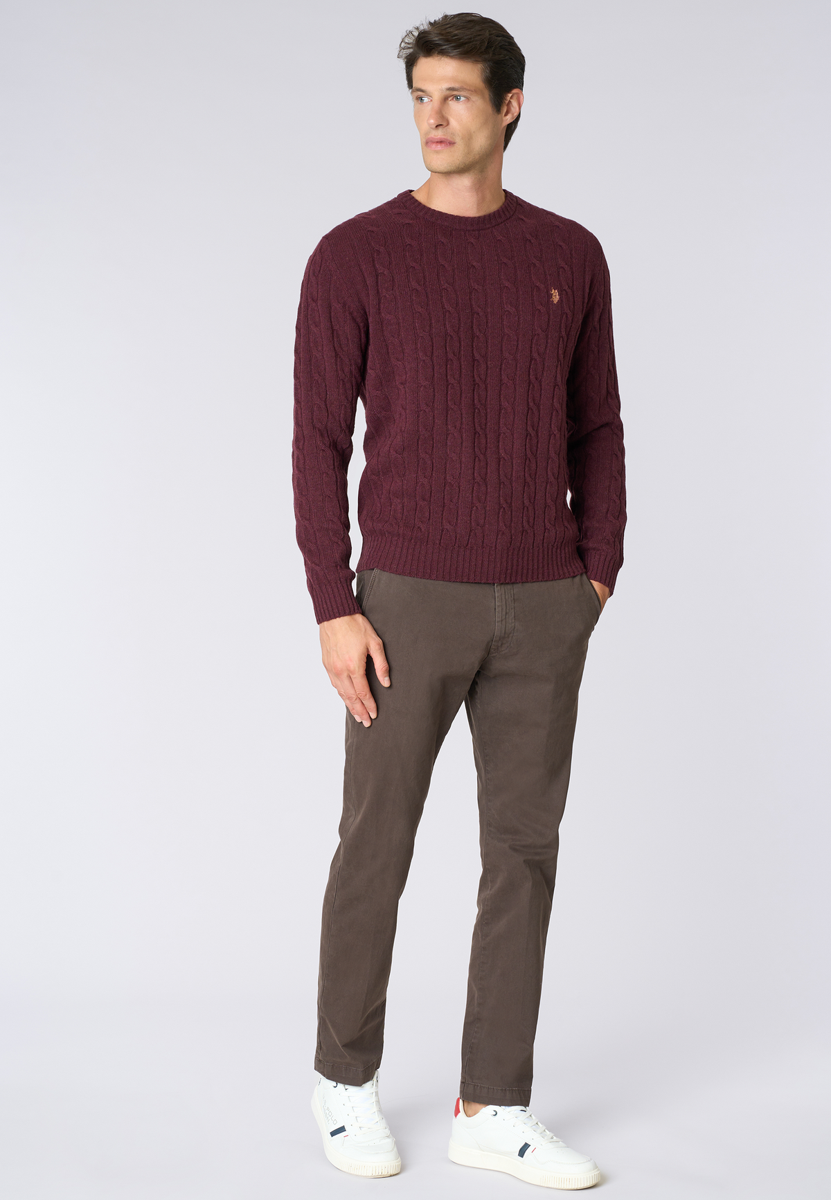 Maglia girocollo a treccia misto lana merino riciclata