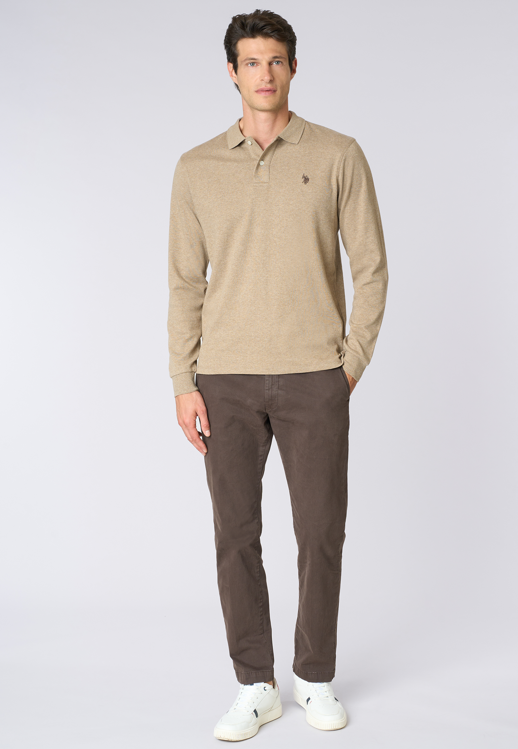 Polo shirt a maniche lunghe in cotone interlock melange