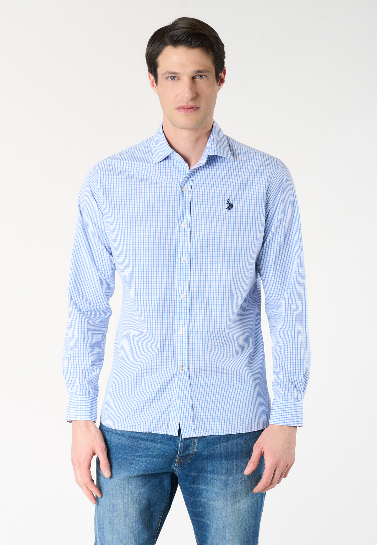 Camicia slim fit a microquadri con logo