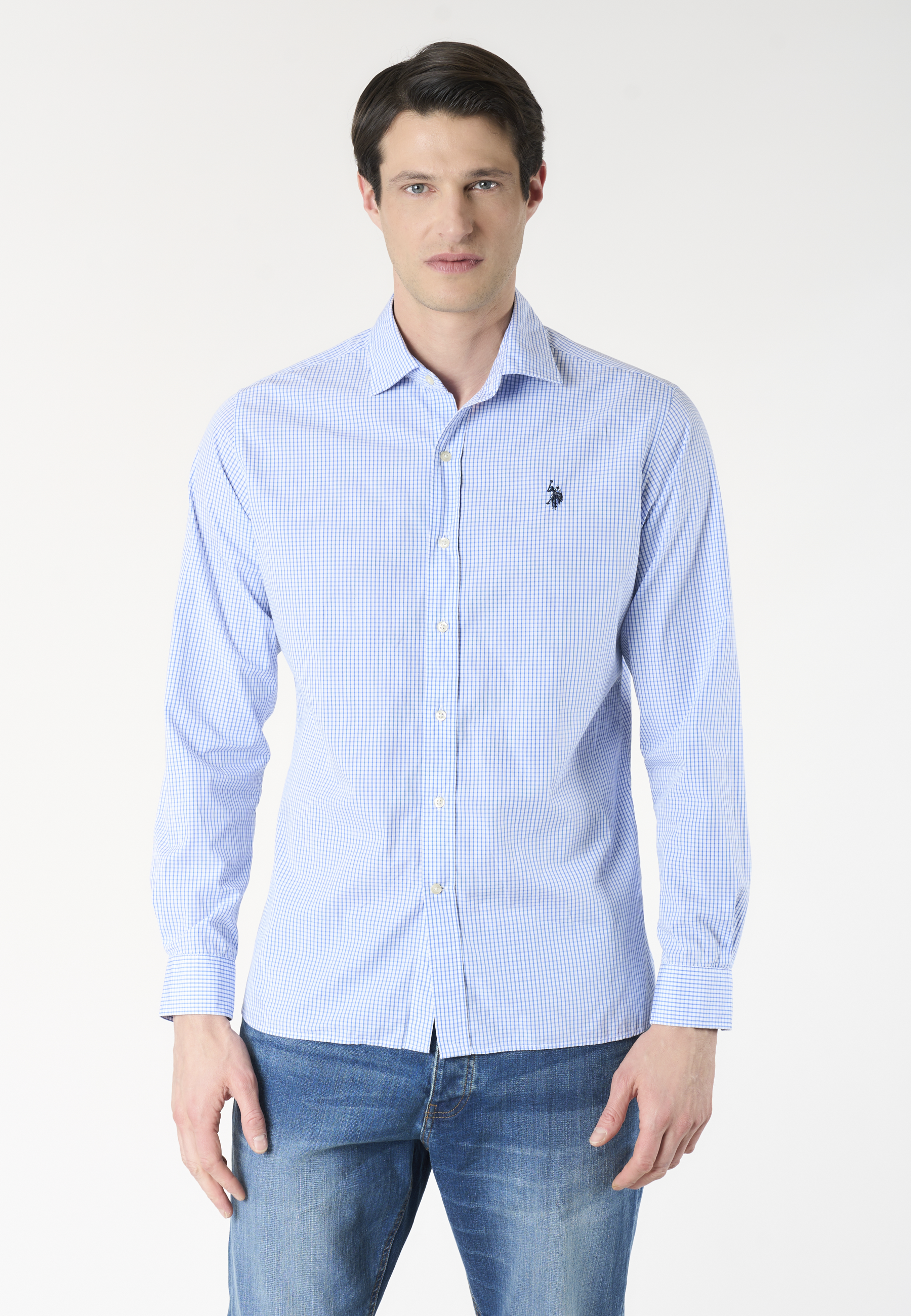 Camicia slim fit a microquadri con logo