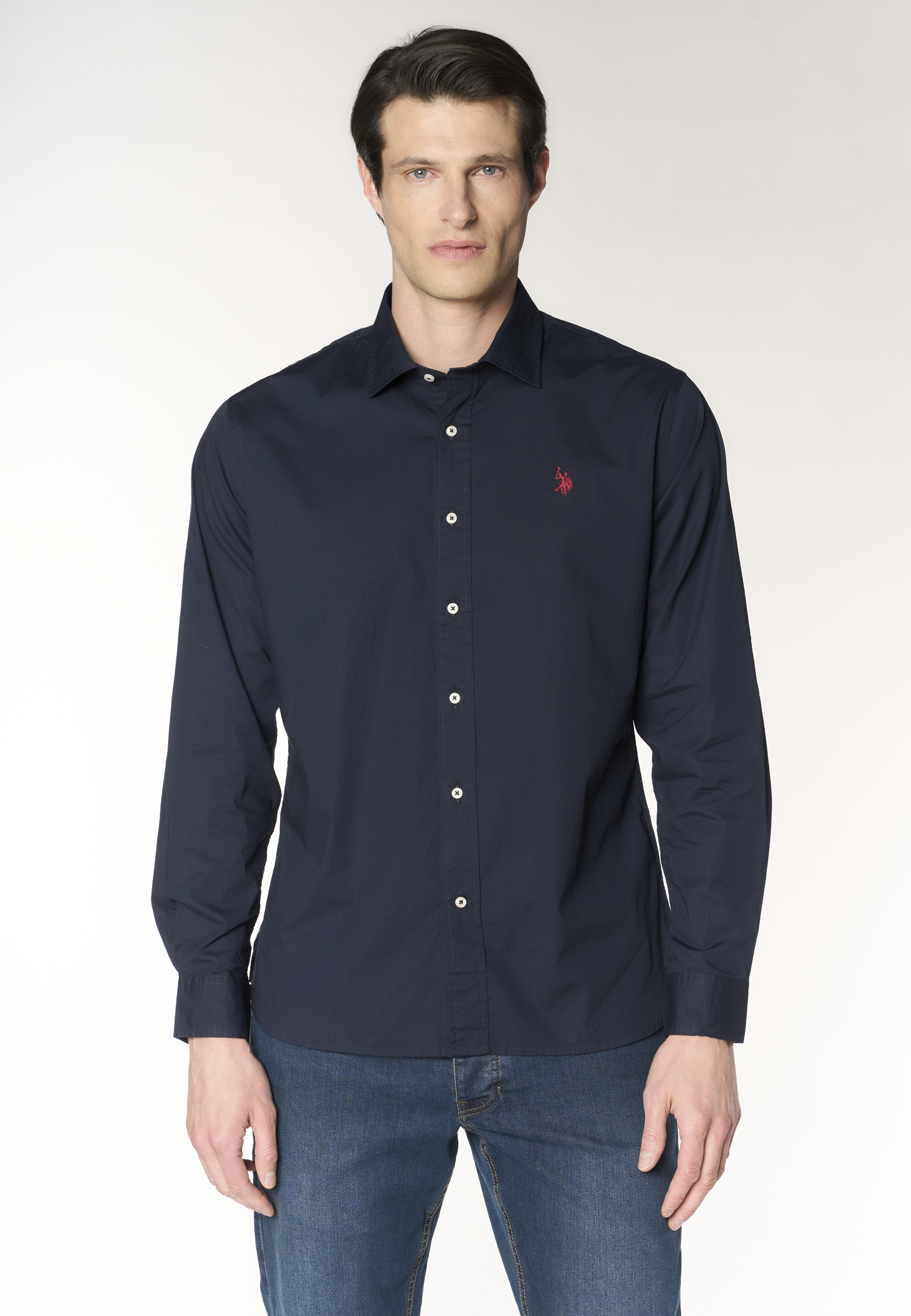 Camicia slim fit da uomo in cotone stretch con colletto alla francese