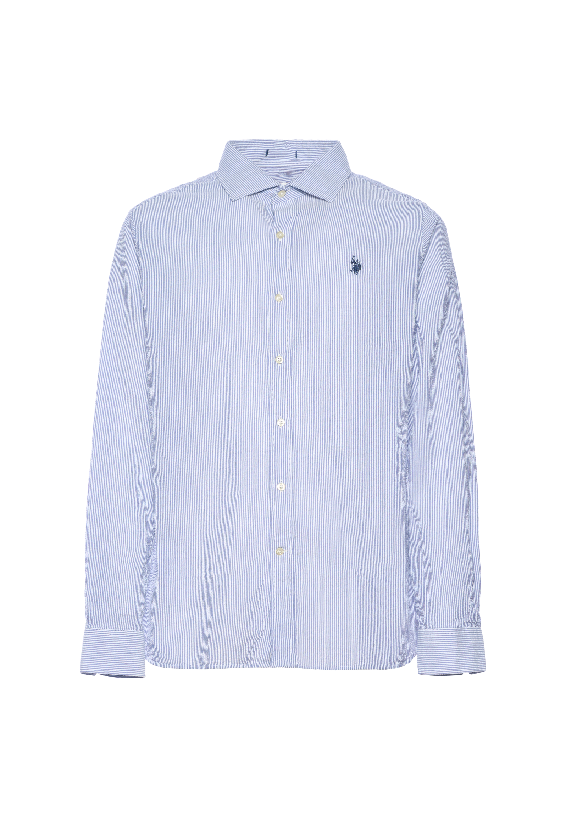Camicia slim fit in cotone seersucker rigato con colletto francese