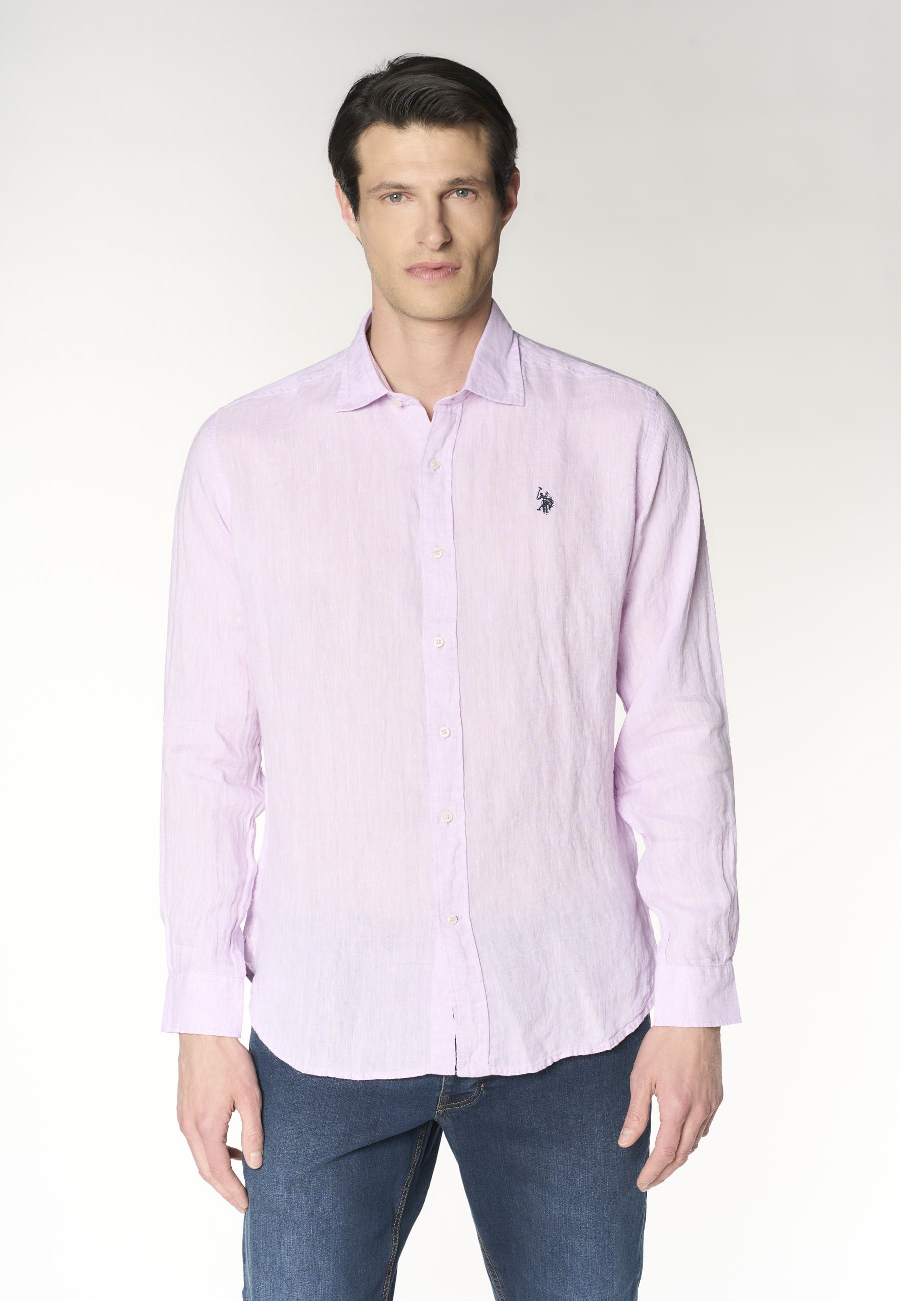 Camicia da uomo slim fit in lino con colletto francese