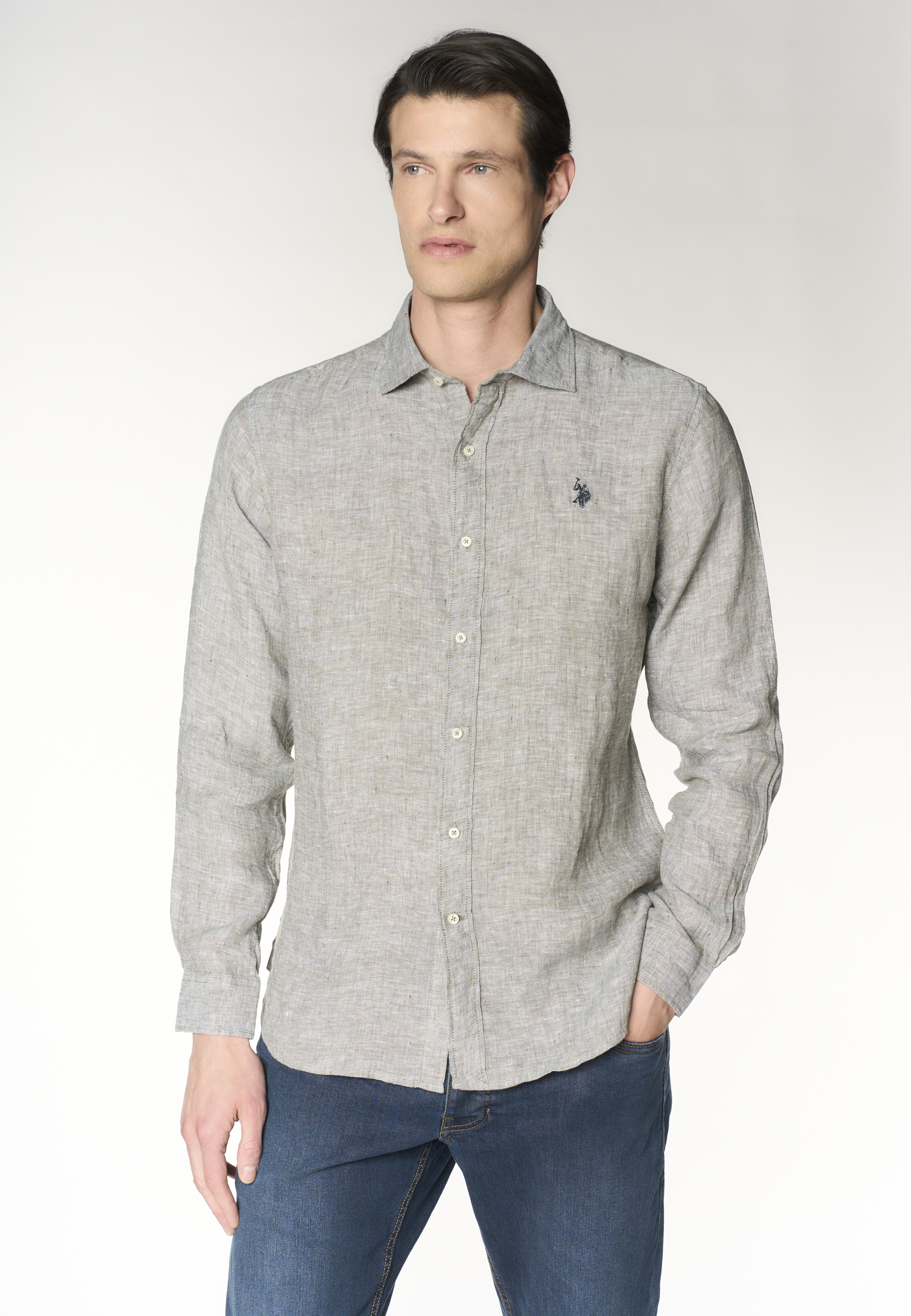 Camicia da uomo slim fit in lino con colletto francese