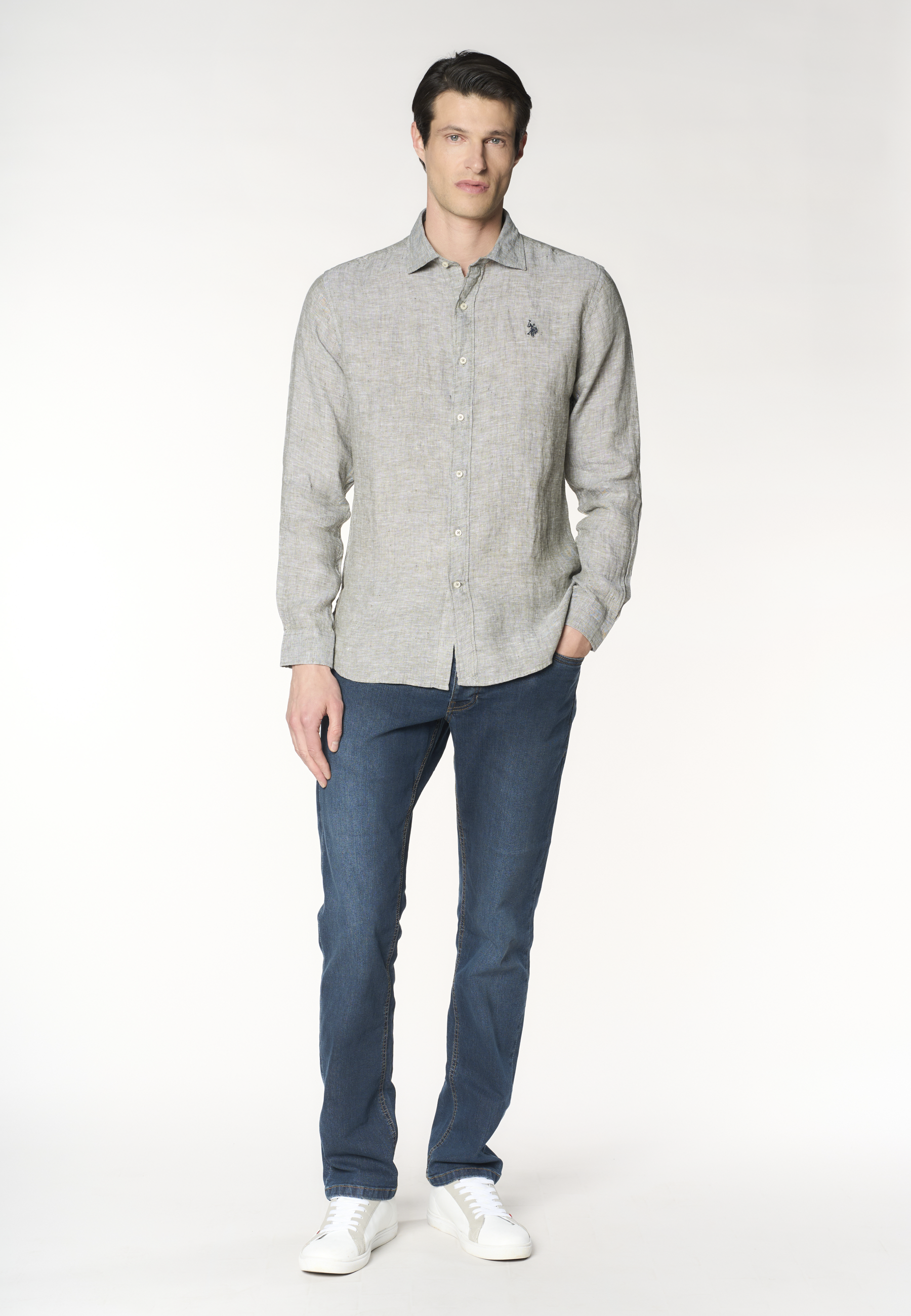 Camicia da uomo slim fit in lino con colletto francese