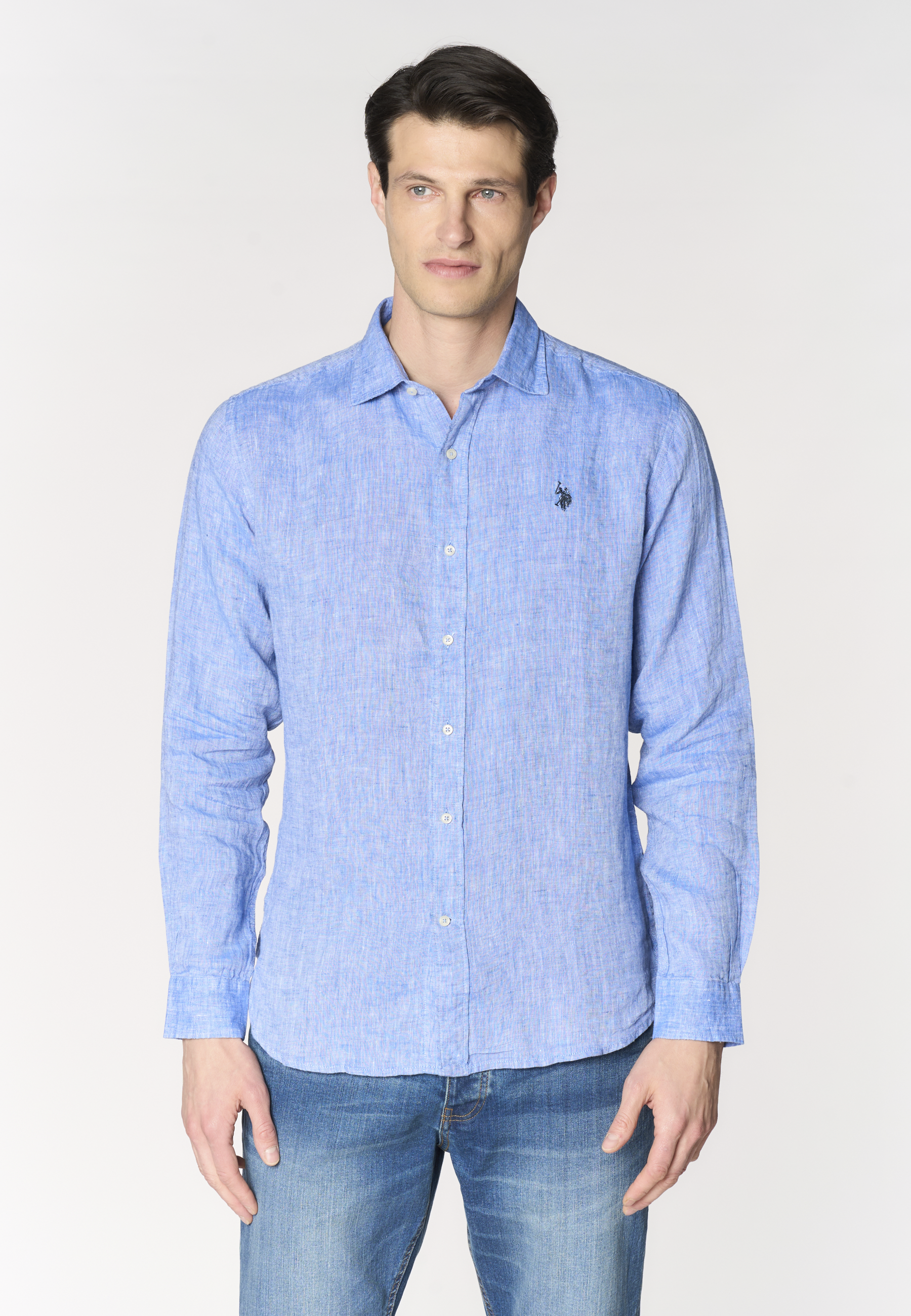 Camicia da uomo slim fit in lino con colletto francese